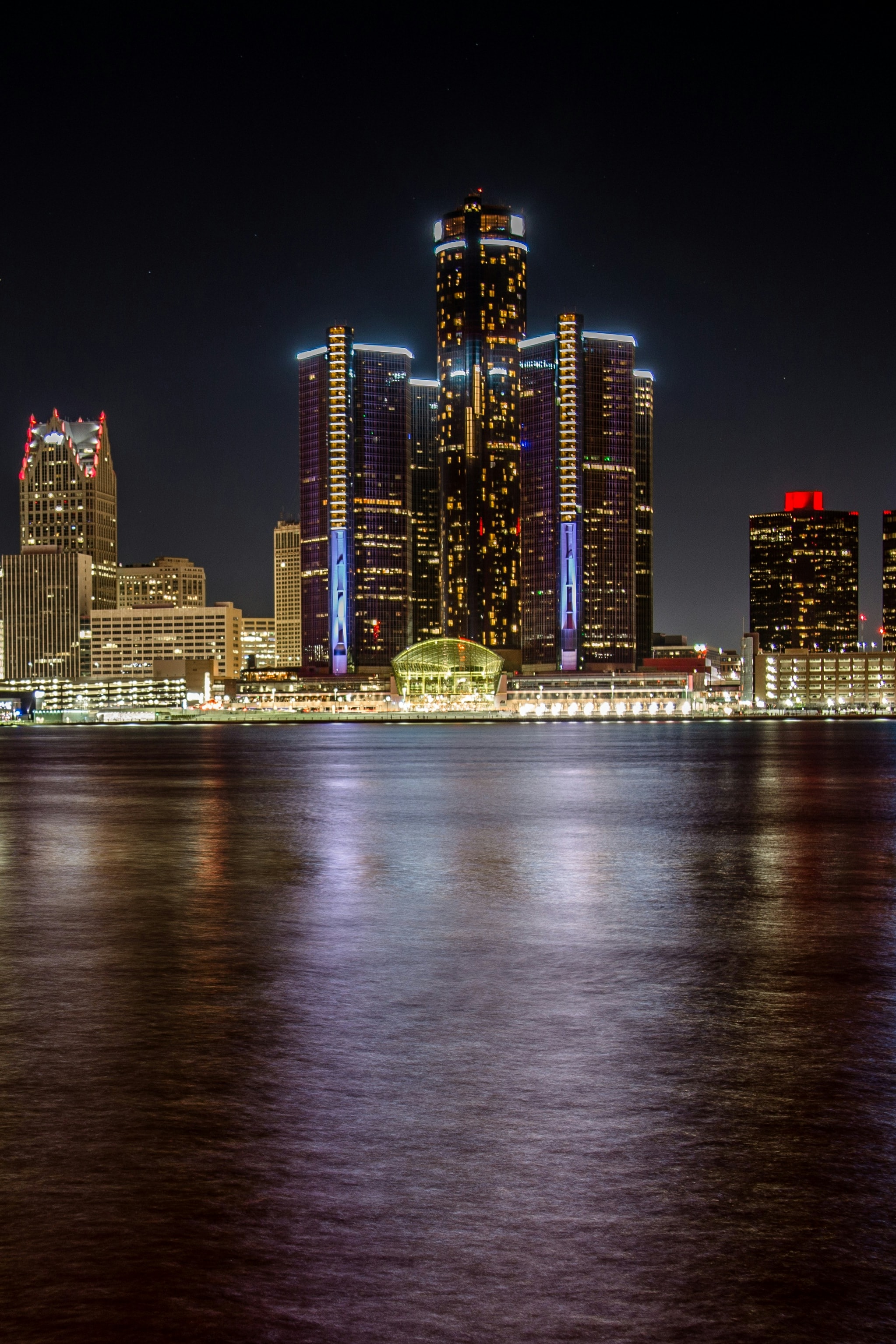 Downtown Detroit's skyline lit up at night